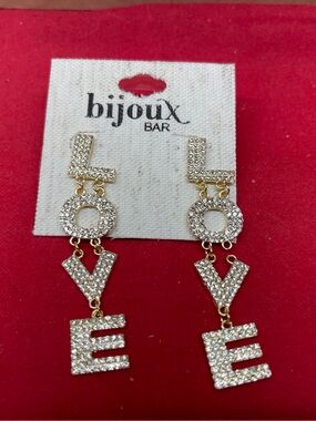 Bijoux Bar Fashion Dangly LOVE Rhinestone Post Earrings Gold TONE